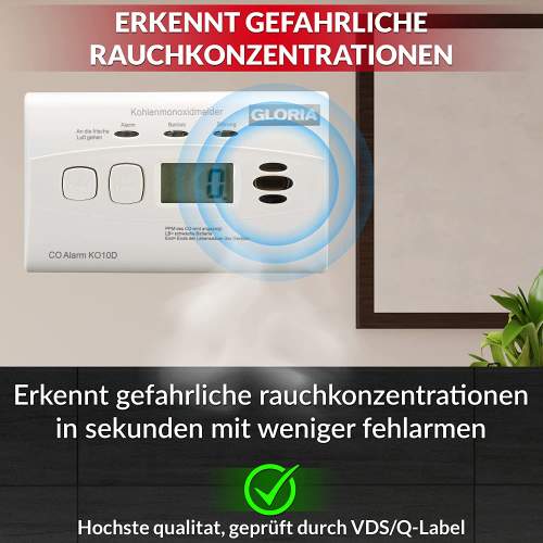 Gloria K10D Kohlenmonoxidmelder CO Melder mit Display u. 10-Jahres Batterie